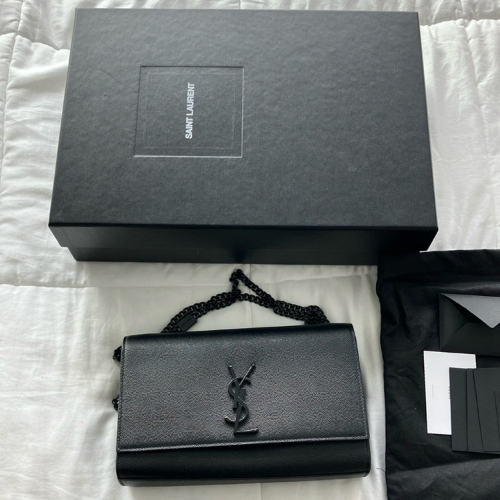 YSL Kate medium in graine de poudre embossed leather in black